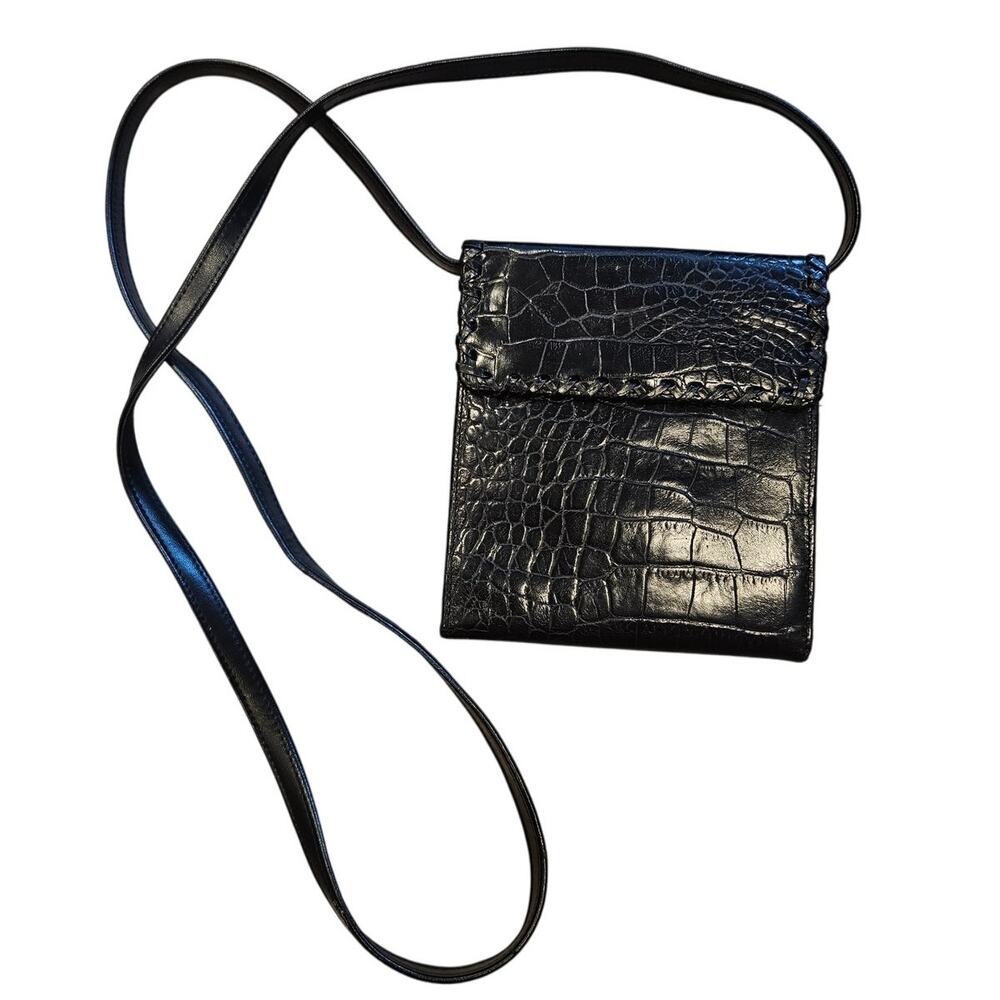 Vintage Amanda Smith Black Croc Leather Crossbody Purse Minimalist Retro